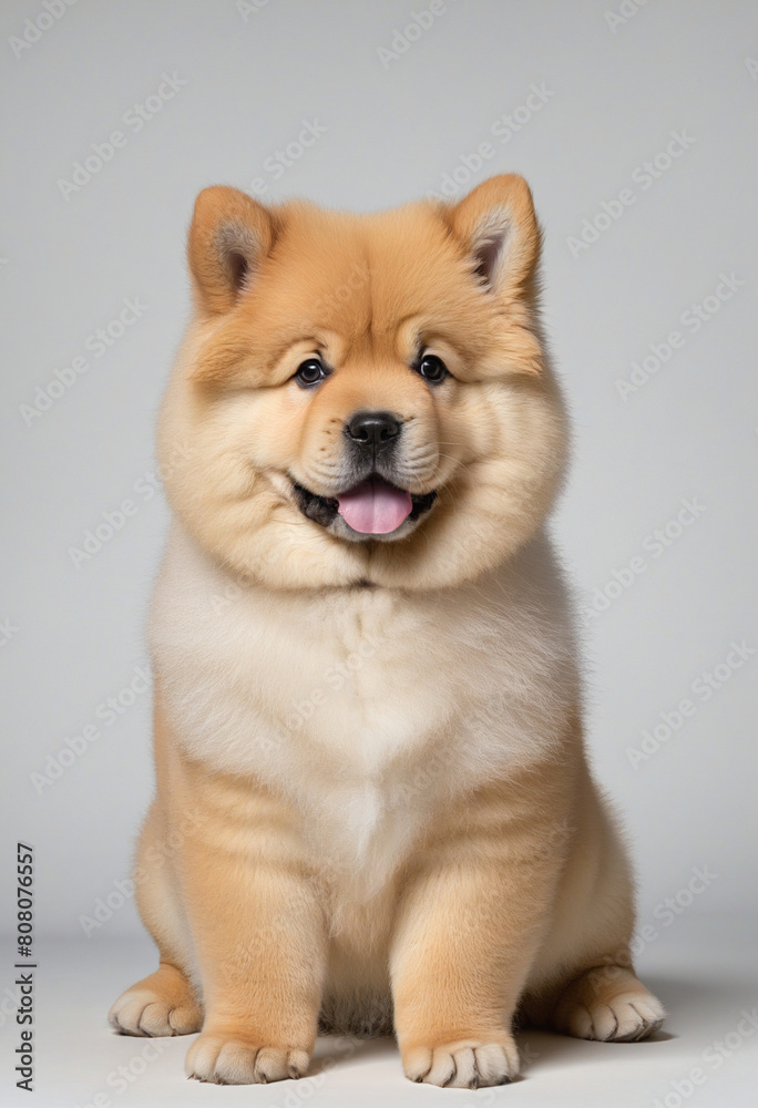  Generative AI creates realistic image of fluffy white Chow Chow puppy sitting isolated on transparent background 