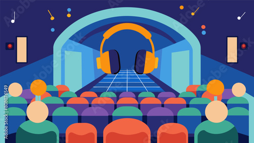 A concert venue with designated sensoryfriendly seating areas and noisecancelling headphones available for individuals with sensory processing issues.. Vector illustration