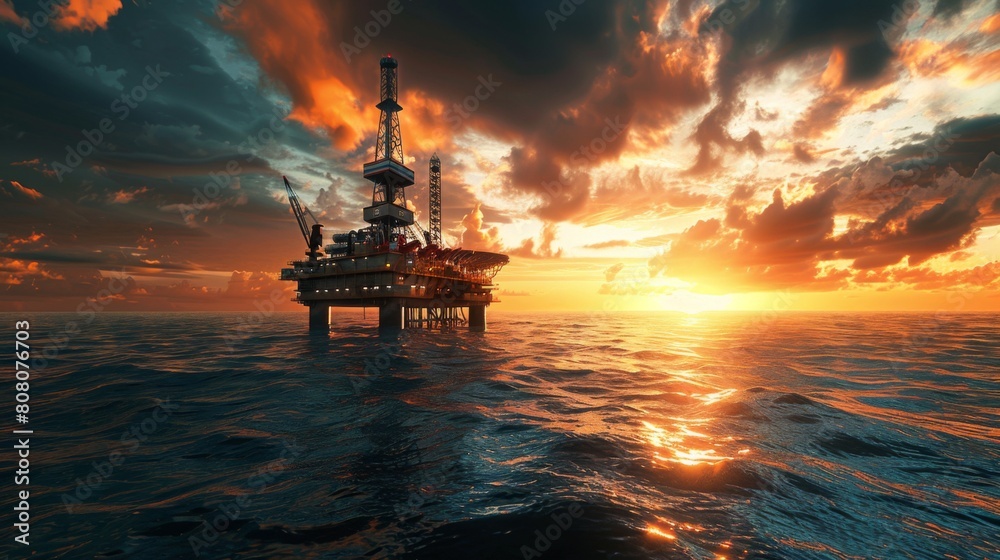 Sunset view of a drilling rig at sea, symbolizing the end of a day's hard work Sunset view of a drilling rig at sea, symbolizing the end of a day's hard work