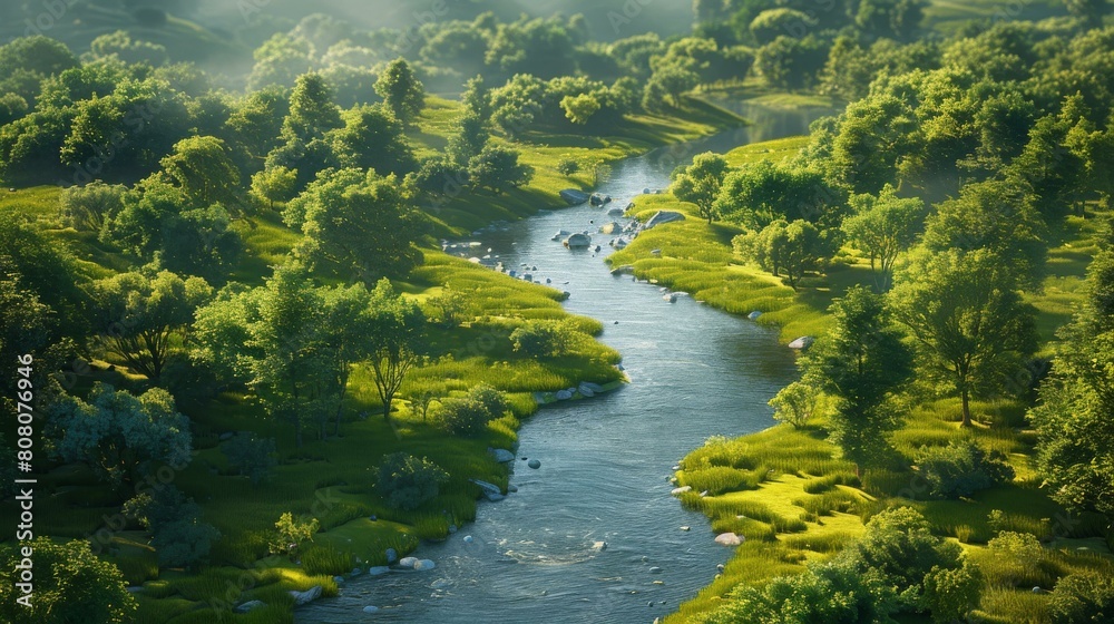 The river flows through the middle of the forest