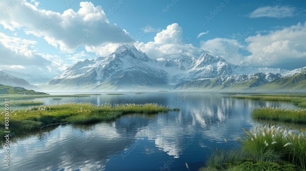 Mountains and lake landscape with green grass in the foreground