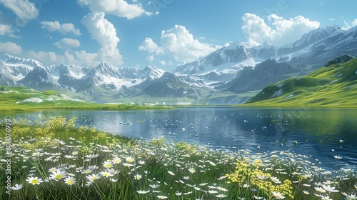 Tranquil mountain lake and blooming chamomile flowers
