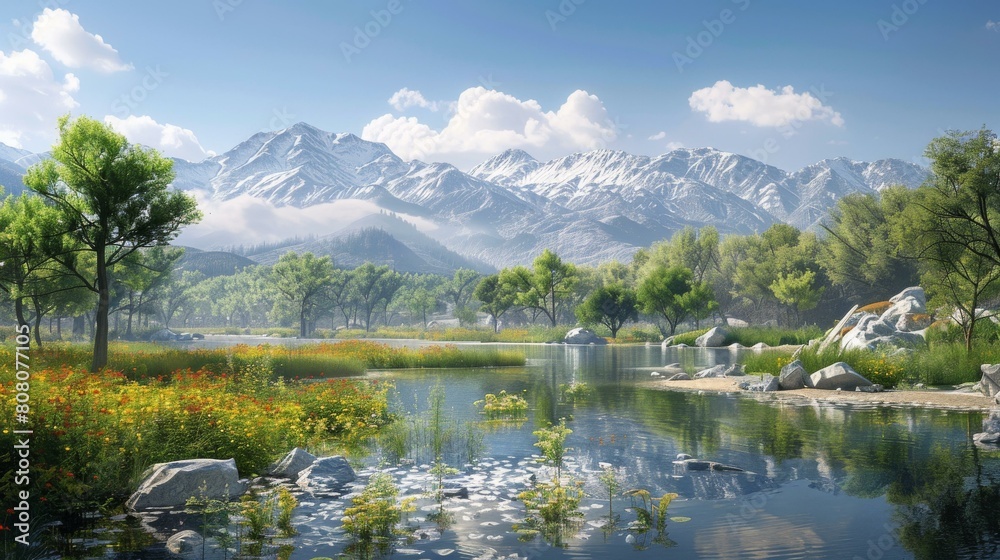 Mountains, lake and flowers Mountains, lake and flowers