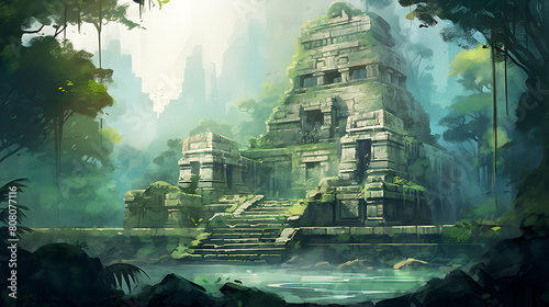 Design a watercolor background featuring an ancient temple ruins overtaken by the jungle, hinting at stories untold
