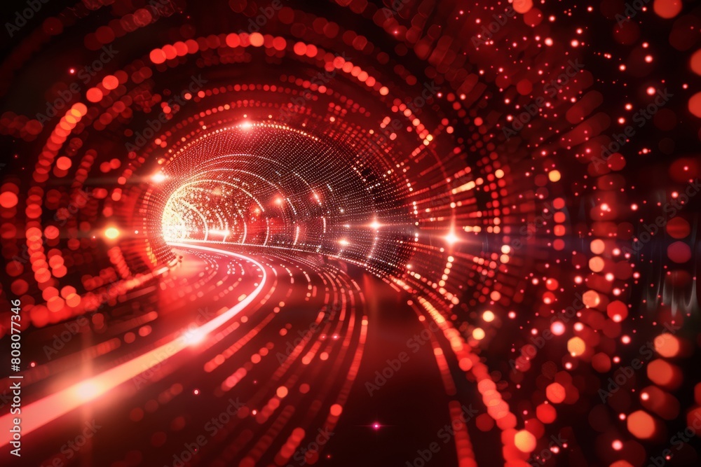 Journey Through a Vibrant Red Neon Tunnel Illuminated by Dots and Lines. Journey Through a Vibrant Red Neon Tunnel Illuminated by Dots and Lines.