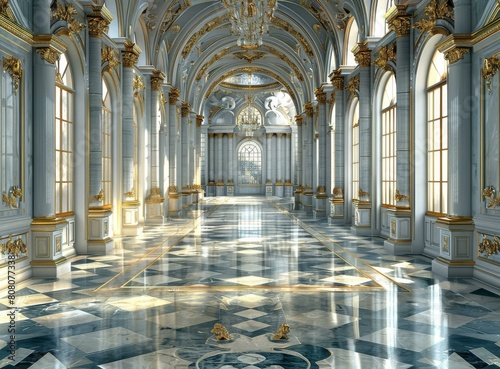 ornate hallway with marble floor and gold columns