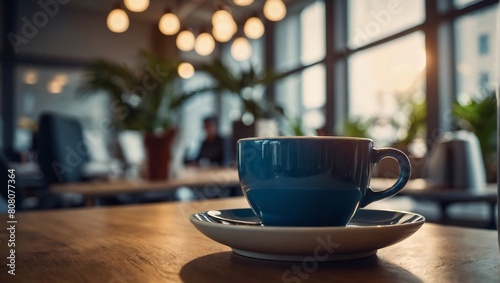 Workspace energy  Cups of coffee or tea set against the backdrop of office workers convey the energy and vibrancy of the workplace  where ideas flow freely amidst shared moments of refreshment.