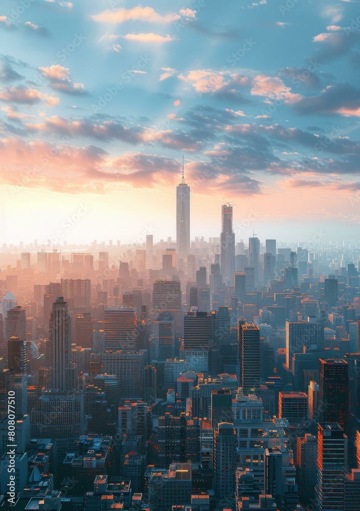 A metropolis with skyscrapers under the sunlight