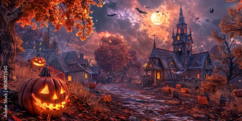 Spooky Halloween night in a haunted village photo
