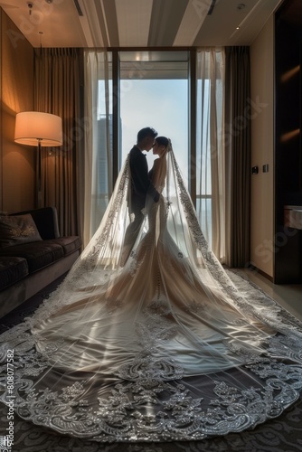 Asian couple in wedding dress standing in a room with floor-to-ceiling windows photo