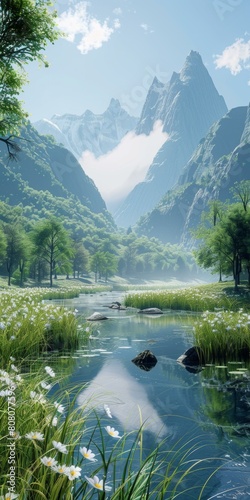 Mountains, river and flowers photo