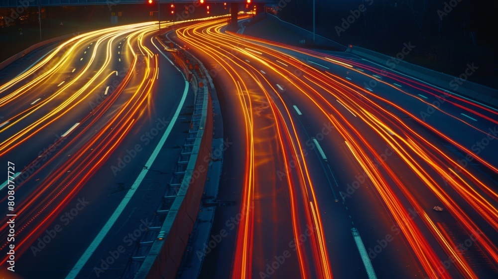 Tail lights of vehicles forming streaks of light on a highway at dusk, rush hour