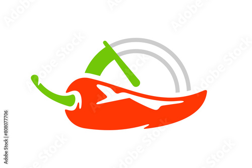 Chili pepper with gauges for heat pepper scale from low to high logo design. Spicy chili pepper with heat pepper scale rating meter graphic design