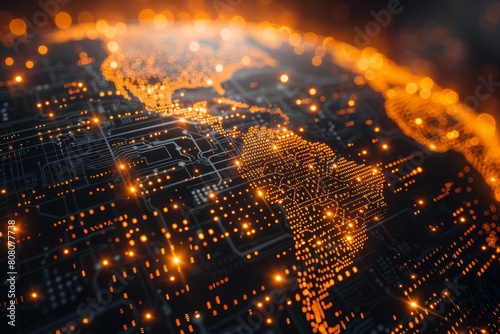 A Vivid Display of Data Flow Across a Circuit Board-Styled Map at Twilight.
