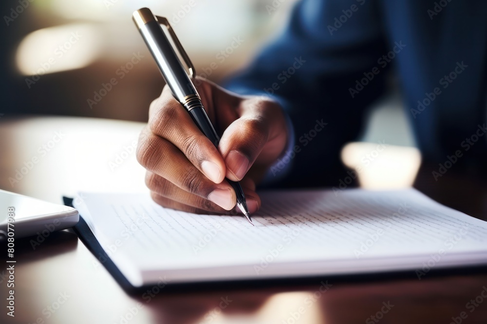 Close-up of a person's hand writing in a notebook with a pen. Close-up of a person's hand writing in a notebook with a pen.