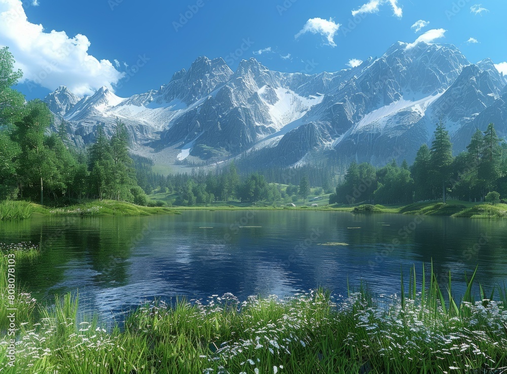 Mountains, lake and flowers Mountains, lake and flowers