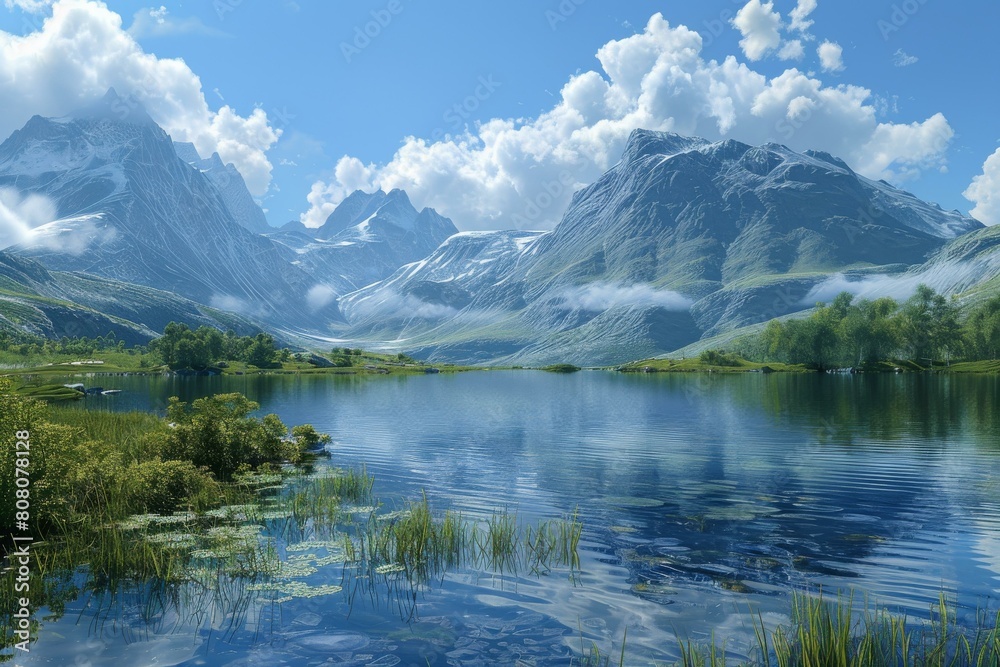 Mountains and lake landscape with blue sky and white clouds