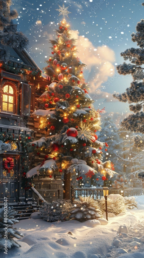 Fototapeta premium Christmas tree in front of a house covered in snow