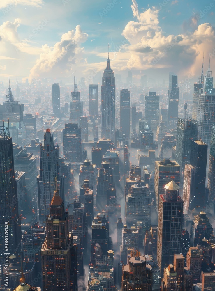 A bird's eye view of a futuristic city with skyscrapers and clouds