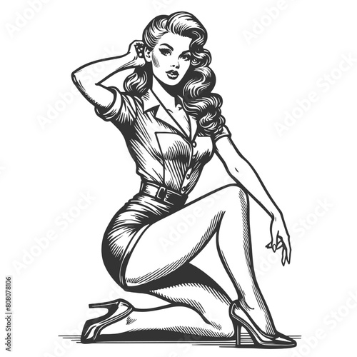 pin-up girl seated in a seductive pose, showcasing timeless beauty and style sketch engraving generative ai fictional character vector illustration. Scratch board imitation. Black and white image.
