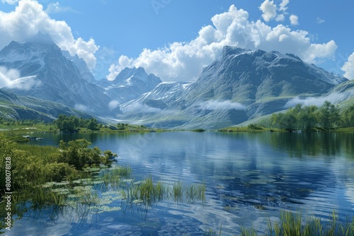 Mountains and lake landscape with blue sky and white clouds © duyina1990