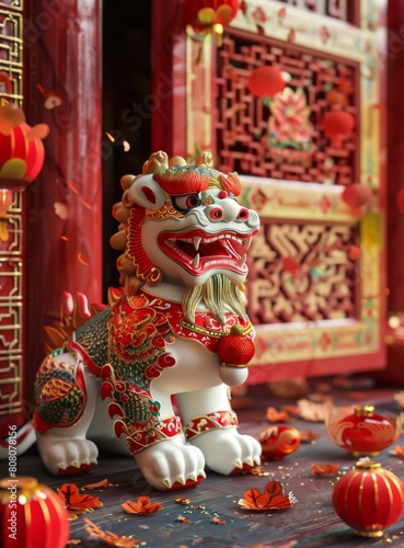 A Chinese guardian lion statue sits in front of a traditional Chinese door.