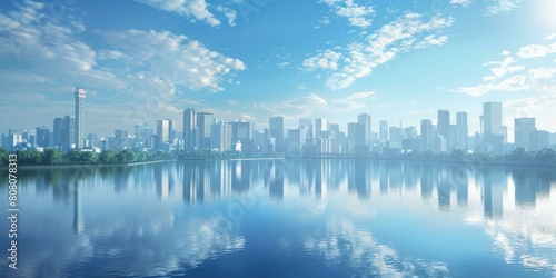 A cityscape image of a modern city with a river in front of it