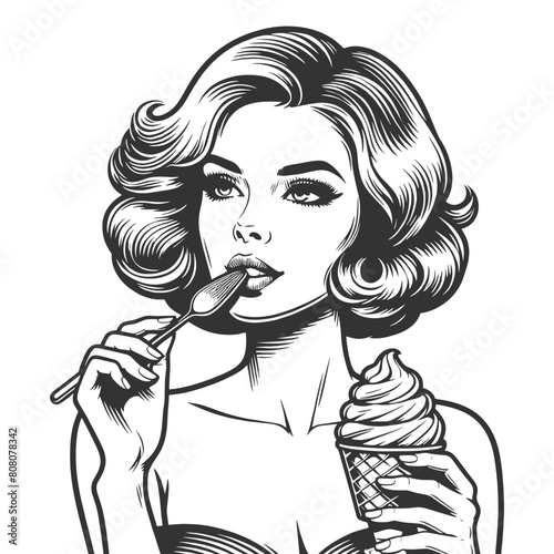 pin-up girl savoring an ice cream cone, depicting classic mid-century indulgence sketch engraving generative ai fictional character vector illustration. Scratch board imitation. Black and white image.