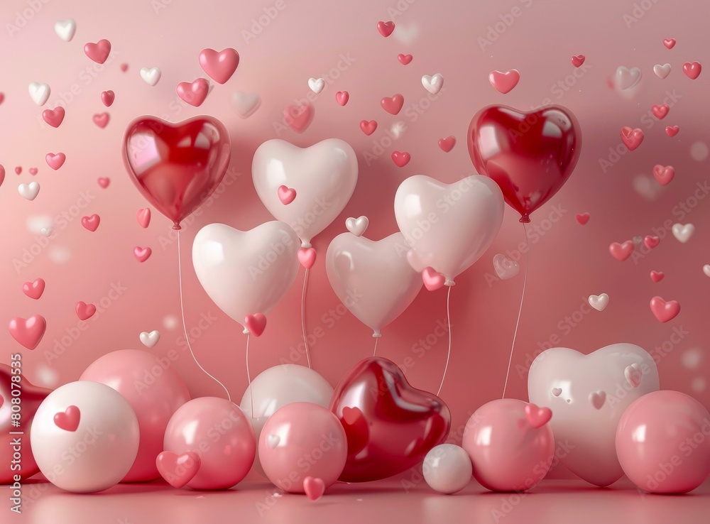 Pink and red heart-shaped balloons with a pink background