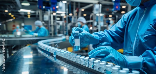 Pharmaceutical Production Line Worker Inspecting Bottles.