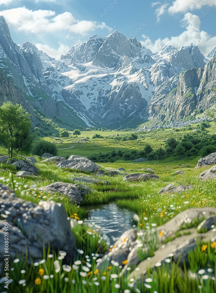 Naklejka premium majestic mountains in the distance with a beautiful valley in front
