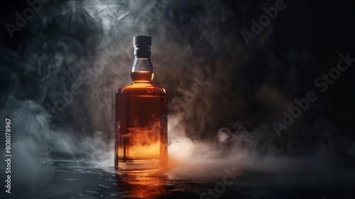 a bottle of scotch with smoke on dark background photo