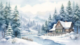 Design a watercolor background of a cozy winter scene with a cabin, pine trees, and snow gently falling