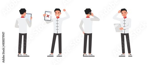 Set of businessman character vector design. Chinese man holding folder and expressing anger illustration. Presentation in various action.