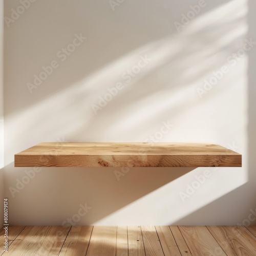 wooden shelf attached on white wall in room