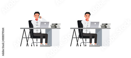 Set of businessman character vector design. Chinese man working and thinking in office illustration. Presentation in various action.
