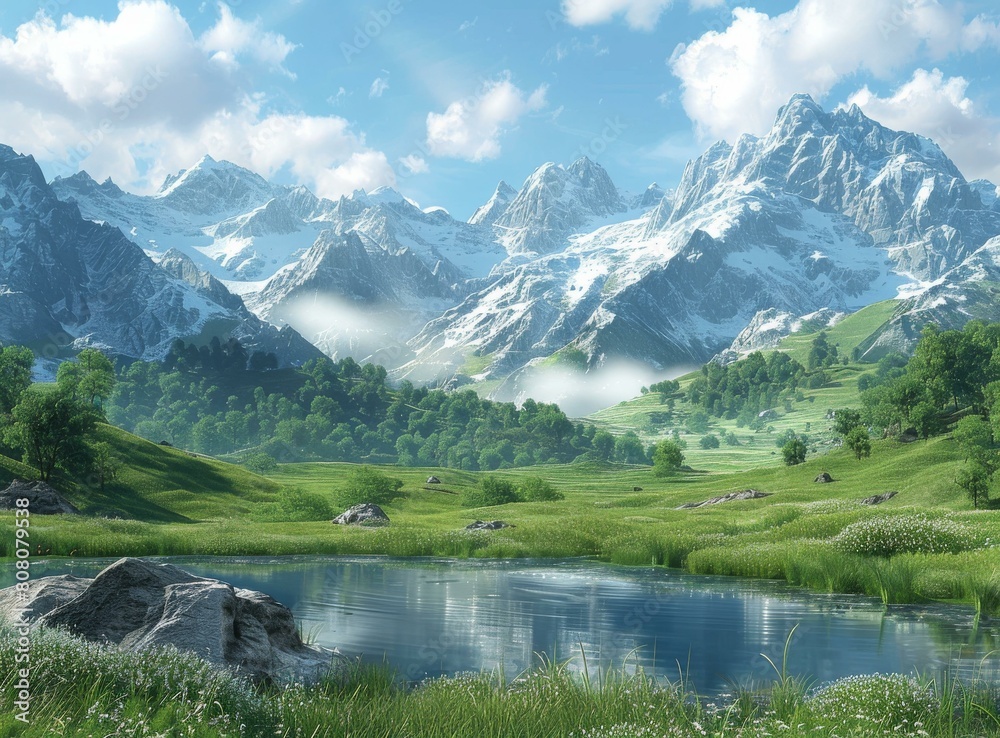 Fantasy mountain landscape with green hills and blue lake