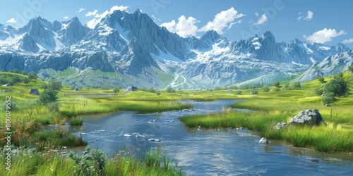 Mountains, valley and river in summer