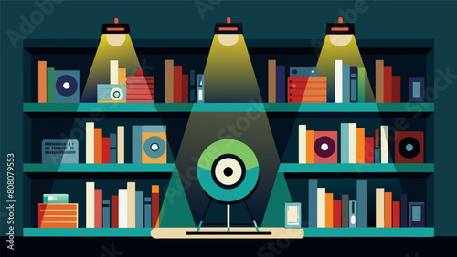 The shelves are stacked high with vinyl but a few prized albums are given extra attention with spotlights shining down on them showcasing their Vector illustration