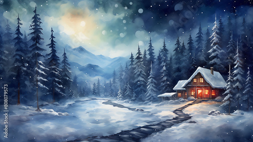 Design a watercolor background of a cozy winter scene with a cabin, pine trees, and snow gently falling