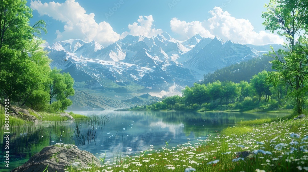 Naklejka premium Mountains, lake and flowers