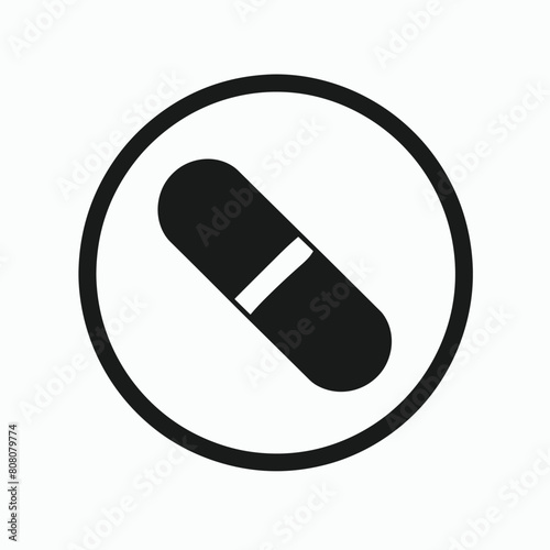 Minimalistic black and white pill icon in a circle on a white background.
