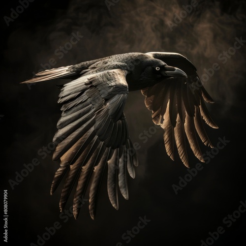 a Crow flying on dark background