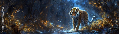 A fierce tiger emerges from the darkness of the jungle, its eyes glowing like fire photo