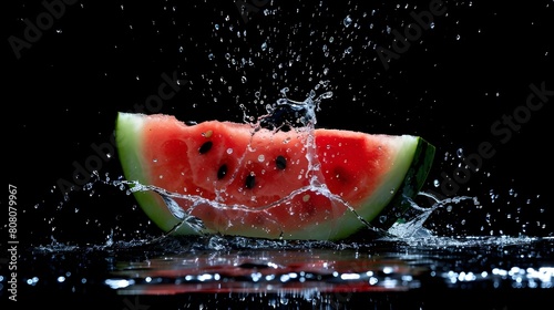 A watermelon with water splashing in the background. Refreshing Watermelon Splash Juicy Watermelon Delight Summer Vibes: Watermelon Fun