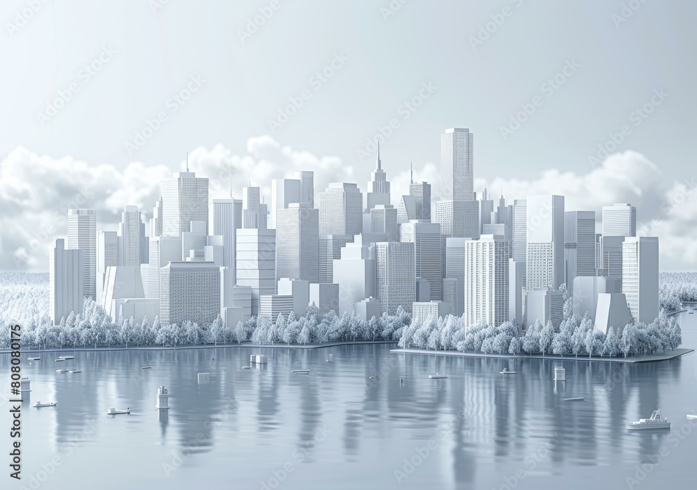 A 3D rendering of a futuristic city with skyscrapers and a river running through it
