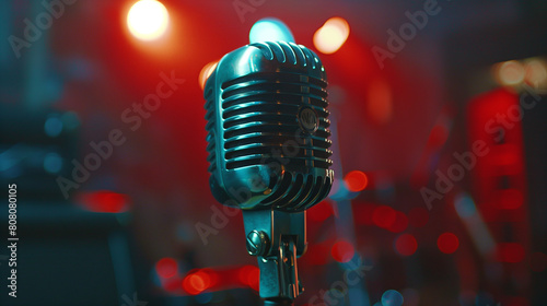Enchanting Close-Up of Retro Microphone in Karaoke Bar with Neon Lights - Music  Entertainment  Nightlife Concept