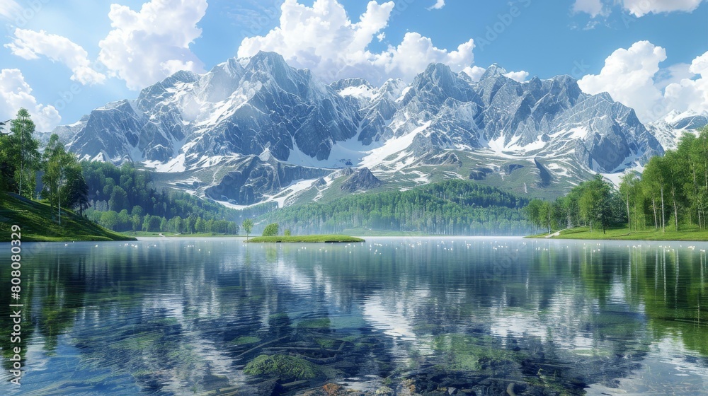 Mountains and lake landscape with green trees and blue sky