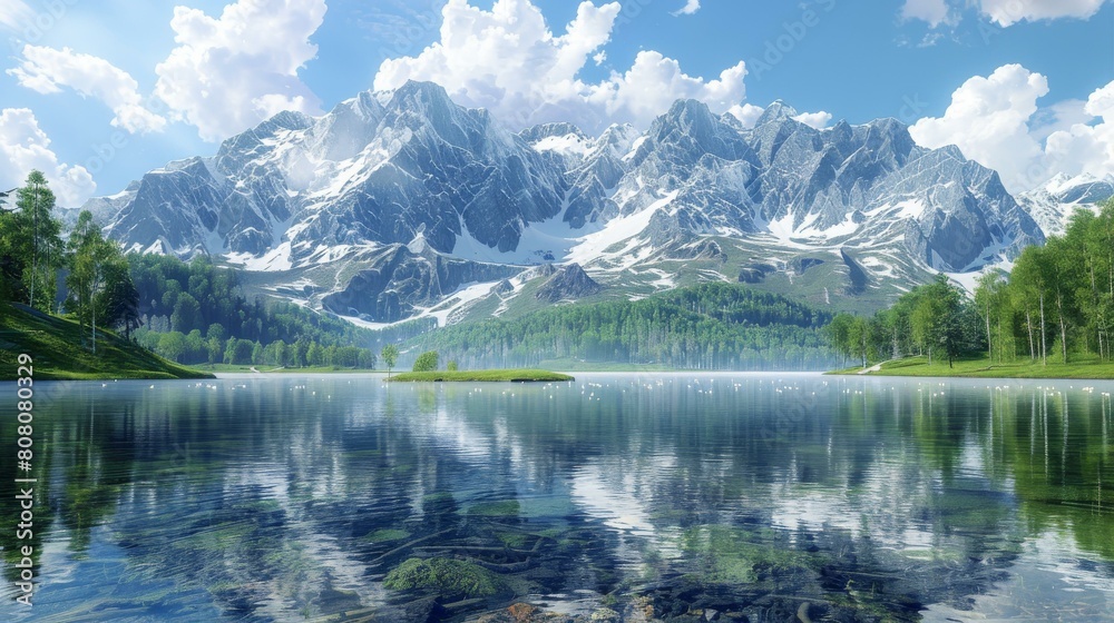 Mountains and lake landscape with green trees and blue sky Mountains and lake landscape with green trees and blue sky