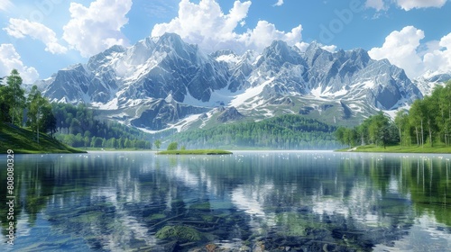 Mountains and lake landscape with green trees and blue sky